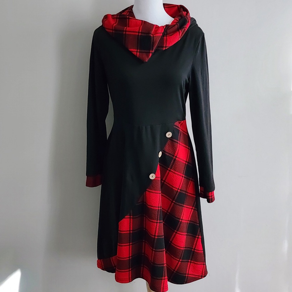 Plaid Hooded Dress Womens Small Black Red Asymmetric Grunge Lumberjack Artsy